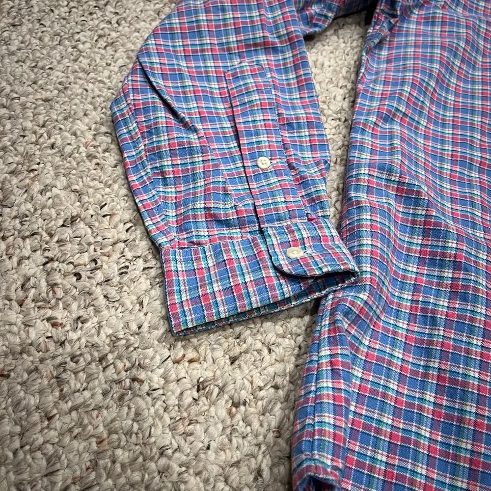 Ralph Lauren Men's Button Down Long Sleeve Shirt Sz L Plaid Flesh Pony Blue Pink